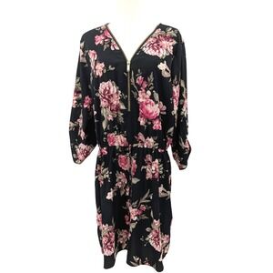 Stella Tweed Black Floral Zip Front Dress 2X Romantic Boho‎ Midi Elbow Sleeve